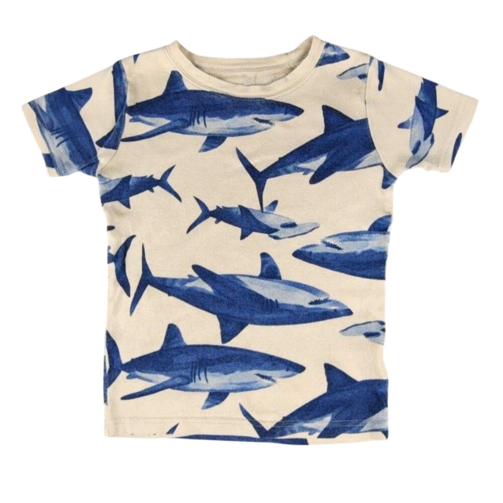 Carter's Shirt Youth 6 Beige Blue Shark Allover Graphic Tee Short Sleeve Cotton